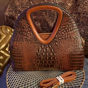 Brown Croc-Embossed Dome Satchel with Top Handle and Detachable Strap